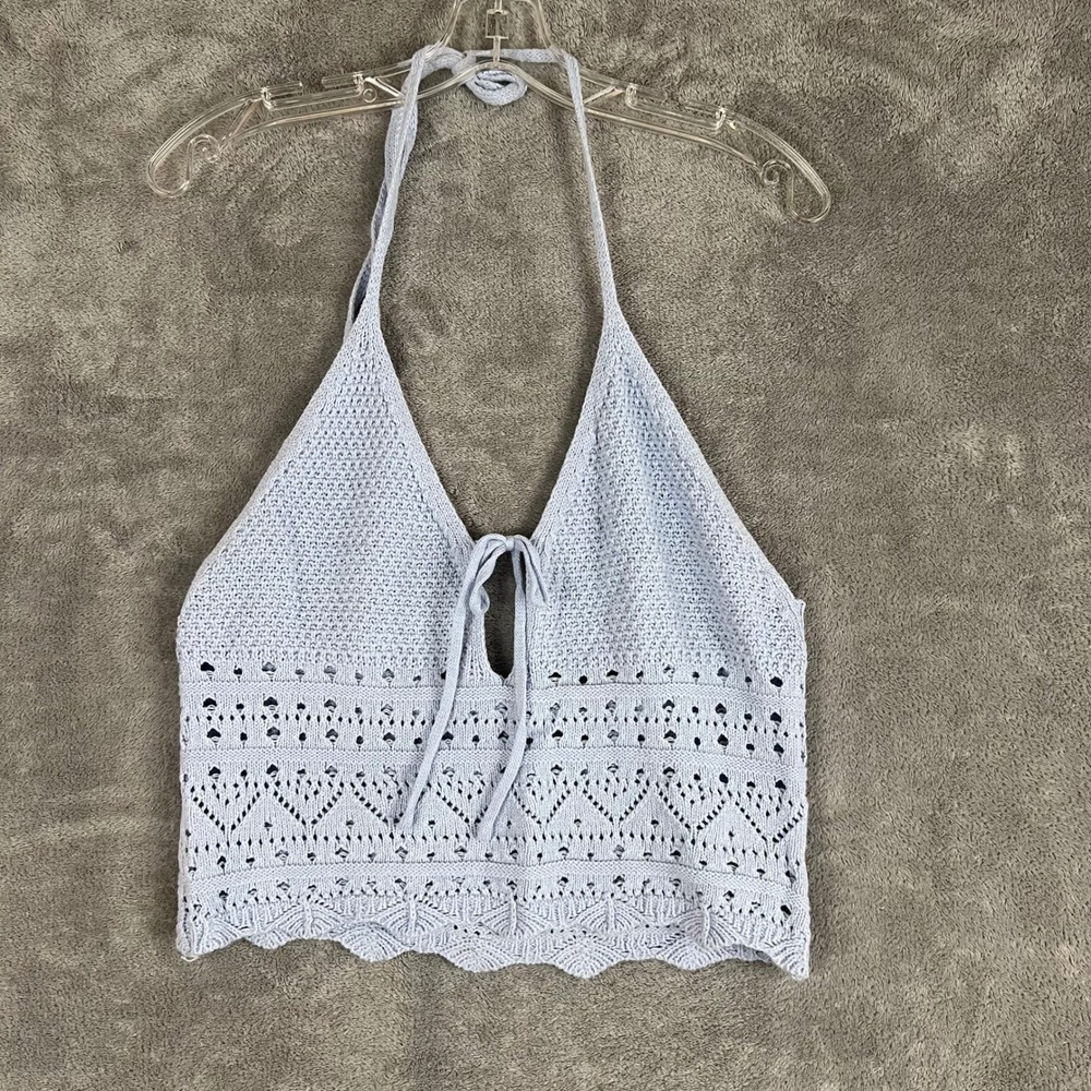 Cider Crochet Knit Top Womens XL Light Blue Halter Neck Boho Beachy Festival